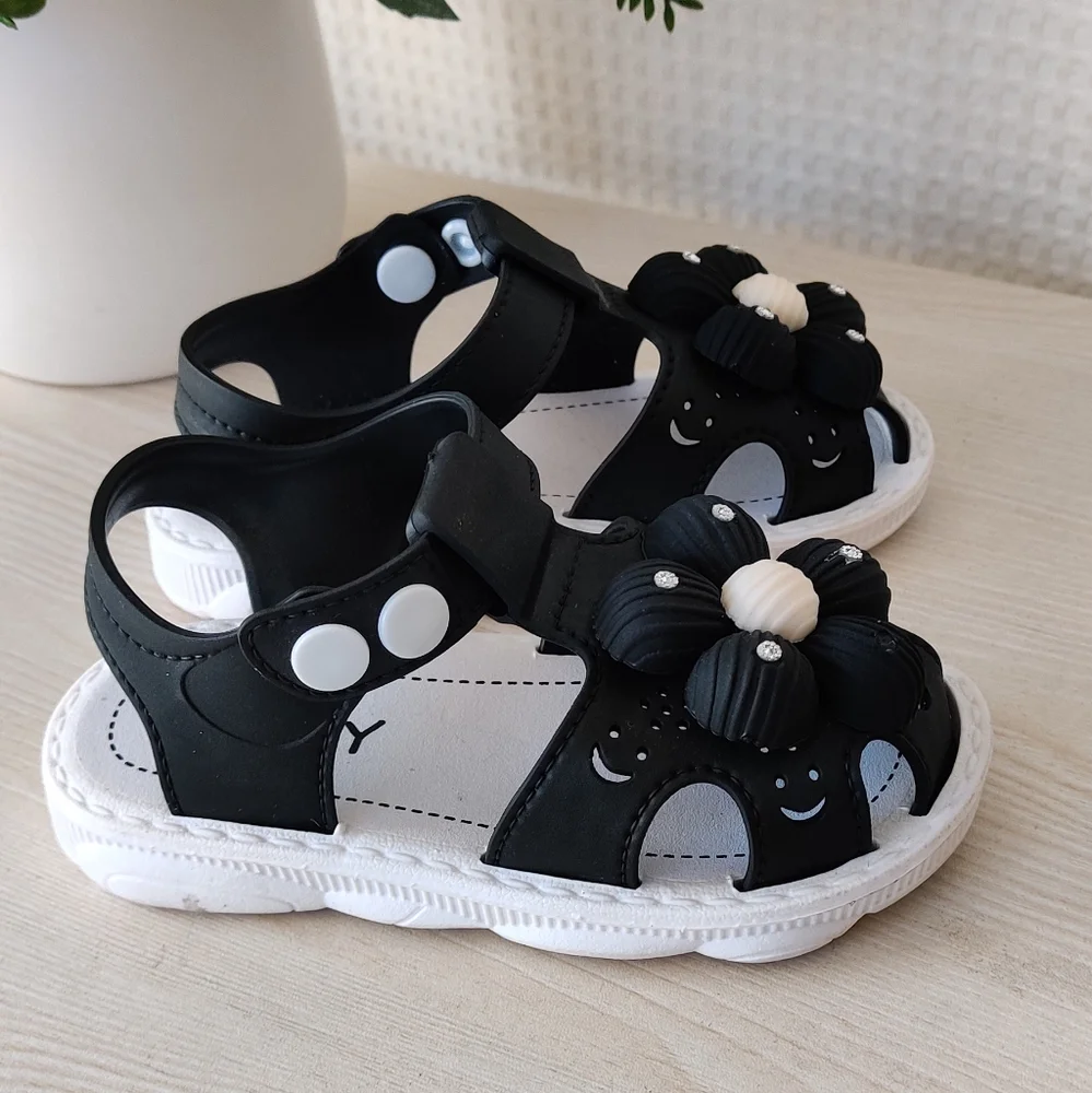 Baby Girls 3d Flower Black Closed Toe Ankle Strap Sandals Toddler 8.5